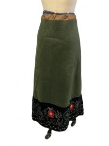 Antique Green Felted Wool Skirt Floral Embroidered Hem Victorian S-L