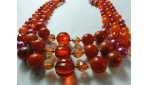 Vintage 60s Triple Strand Choker Necklace Orange Autumn Fall Tone Plastic Beads - Fashionconstellate.com