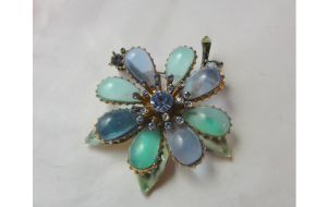 Vintage 60s Flower Brooch Signed Lisner Blue and Green Jelly Belly Poured Plastic and Rhinestones