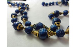 Vintage 1950s Necklace Blue Lucite Plastic Beads and Brass Double Strand Choker Marked West Germany - Fashionconstellate.com