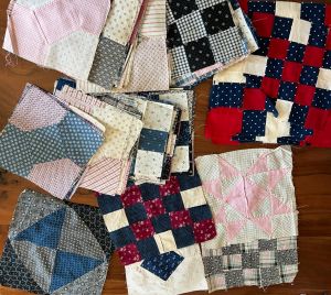 Antique Feed Sack Quilt Squares 142 pieces Mostly Blue Black Red Hand Stitched
