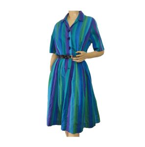 Vintage 50s - 60s Day Dress Blue Green Purple Striped Cotton Pleated Skirt Plus Size - Fashionconstellate.com