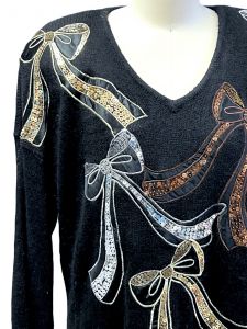 VTG Black Angora Sweater REDiffusion Knit Beaded Gold Bows L Huge Shoulders 1980s - Fashionconstellate.com