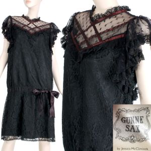 9 Vintage 1980s GUNNE SAX McClintock Black Lace Loose Drop Waist Goth Dress 80s