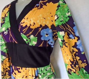 1960s Maxi Lounge Dress Cozy Asian Inspired Geisha Look, Long Bell Sleeves, Obi Waist - Fashionconstellate.com