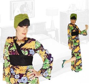 1960s Maxi Lounge Dress Cozy Asian Inspired Geisha Look, Long Bell Sleeves, Obi Waist