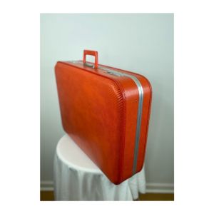 1960s orange suitcase hard shell faux leather sided size 25” x 18”