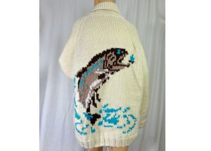 Vintage 70s Sweater Zipped Chunky Knit Fishing Cardigan Off White and Brown