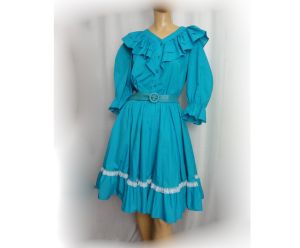 Vintage 70s Square Dance Dress Turquoise Cowgirl Western Skirt and Blouse