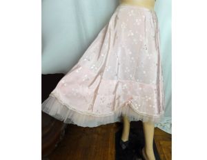 Vintage 50s Full Skirt Pink Jacquard with Lace & Net Crinoline Ruffles Cherie of Hollywood Petticoat