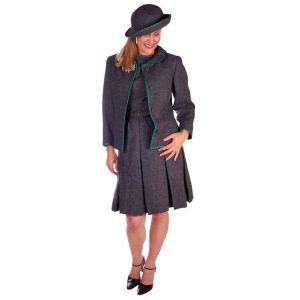 Vintage Nina Ricci  Paris Couture 1950s Gray Wool Dress Suit+ Hat  Green Polka Dot Ladies who Lunch - Fashionconstellate.com