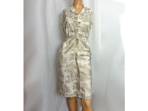 Vintage 50s Wiggle Dress Gold Metallic Toile Print Sheath Size Extra Small - Fashionconstellate.com