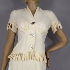 Cream 2 Piece Vintage 40s Skirt Suit with Nipped Waist Jacket S - Fashionconstellate.com