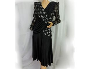 Vintage 1980s Black Party Dress Ruched with Sheer Sleeves and Gold Flowers Germaine Astor - Fashionconstellate.com