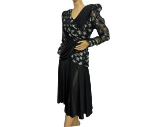 Vintage 1980s Black Party Dress Ruched with Sheer Sleeves and Gold Flowers Germaine Astor