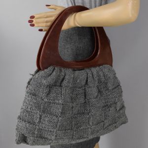 Gray Vintage 70s Chunky Crochet Bag with Oversized Handles