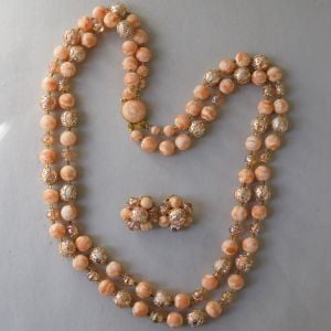 Orange Sherbet Swirl & Gold Vintage 60s Double Strand Necklace and Earring Set - Fashionconstellate.com