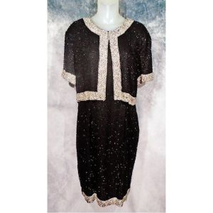 Plus Size Black Beaded Dress With Attached Cropped Jacket, 90s Vintage Formal with Sparkle - Fashionconstellate.com
