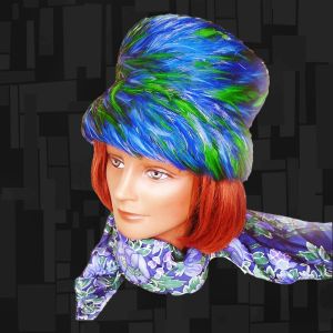 1950s Blue & Green Egret Feather Bucket Hat, High Fashion New Look Chic Modernist