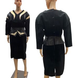 80s Black Suede Leather & Snakeskin Batwing Peplum Dress