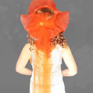 1960s Orange Wide Brim Picture Hat with Open Crown - VFG -Tulle Train Retro Bridesmaid NWT