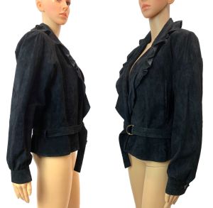 70s 80s Black Suede Bomber Jacket with Ruffle Collar & Belt - Fashionconstellate.com