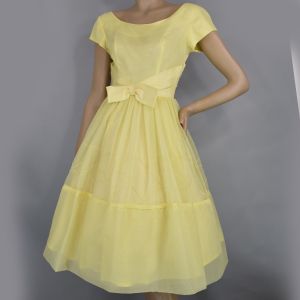 Butter Yellow Chiffon Vintage 50s Full Skirt Party Dress XS