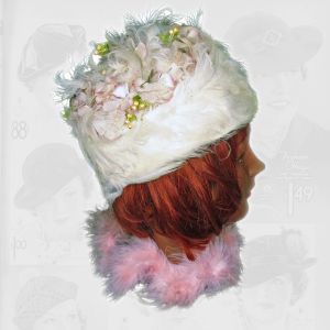 1950s White Feather Spring Toque Hat VFG Pink Flowers, Easter Bonnet? 