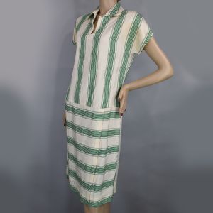 Green & Cream Striped Silk Vintage 20s Drop Waist Dress - Fashionconstellate.com