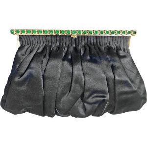 1940s Black Evening Clutch, Satin Bag, Emerald Rhinestones, Small Old Hollywood Glamour Purse- 40s - Fashionconstellate.com