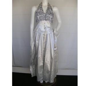 Silver Lame Gown XS/S, Embellished Halter V-neck Crinoline Maxi Jessica McClintock