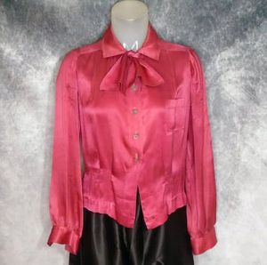 1930s Silk Charmeuse Blouse, Long Sleeves, Tie Bow,Raspberry Color - Fashionconstellate.com