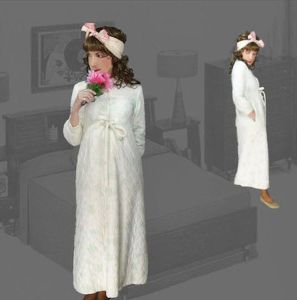 1960s Quilted Nylon Robe Empire Waist with Watteau Back, Long White Floral Bathrobe