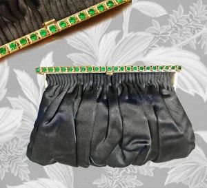 Black Evening Clutch, Satin Bag with Emerald Rhinestones, Small Old Hollywood Glamour Purse ~ 40s