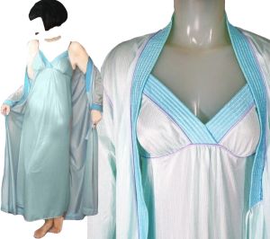 Nylon Peignoir Set with Long Wrap Robe & Nightgown, Aqua & Lavender Retro Lingerie ~ 70s - Fashionconstellate.com