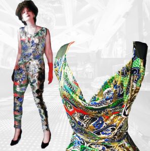 Wild & Crazy Tight Jumpsuit with Pockets, Gold Foil Flashy Multicolor Maximalist Anti Fashion~ 70s