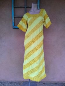 1960s Lemon Yellow Mexican Pintuck Maxi Dress
