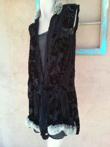 1920s Black Silk Dress Cut Velvet Devore Fur Sz S