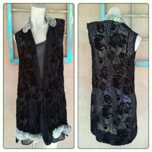 1920s Black Silk Dress Cut Velvet Devore Fur Sz S - Fashionconstellate.com