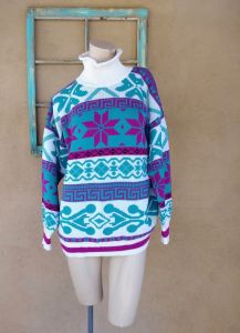 1980s Turtleneck Ski Sweater Geometric Design Sz M L