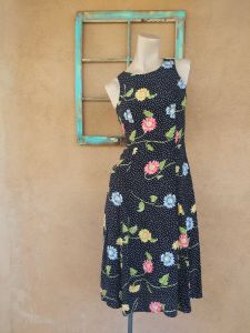 1990s Floral Rayon Dress Tie Up Style Sz S