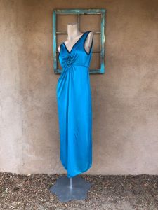1980s Blue Nightgown Nightie With Black Lace - Fashionconstellate.com