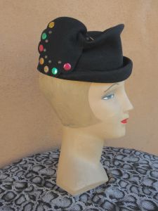1940s Black Wool Toque Hat with Sequins and Brass Studs