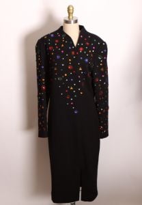 1980s Multi-Colored Rainbow Gemstone Bedazzled Black Knit Long Sleeve Christmas Dress by Pia Rucci - Fashionconstellate.com