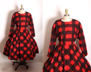 1970s Does 1950s Red and Black Flannel Long Sleeve Plaid Fit and Flare Christmas Dress by Act I