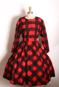 1970s Does 1950s Red and Black Flannel Long Sleeve Plaid Fit and Flare Christmas Dress by Act I - Fashionconstellate.com