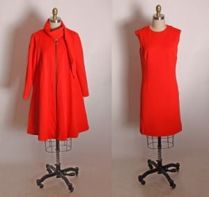 1960s Red Sleeveless Dress with Matching Pleated Scarf Collar Tent Zip Up Coat Outfit by Lilli Ann