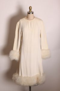 1960s White Long Sleeve Fuzzy Marabou Trim Cuffs and Hem Holiday Dress by Christian Dior Harzfelds - Fashionconstellate.com