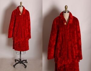 1960s Red Faux Fur Blazer Jacket with Matching Skirt Two Piece Womens Suit Christmas Outfit