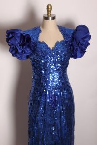 1980s Blue Sequin Ruffle Short Sleeve Full Length Leg Split Back Beaded Fringe Formal Prom Dress  - Fashionconstellate.com